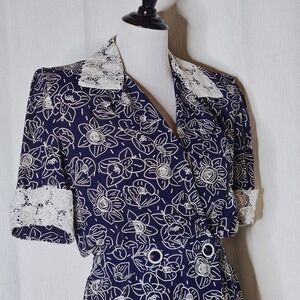 Cynthia Howie Vintage Navy Blue Outlined Floral Lace Pleated Tea Length Dress